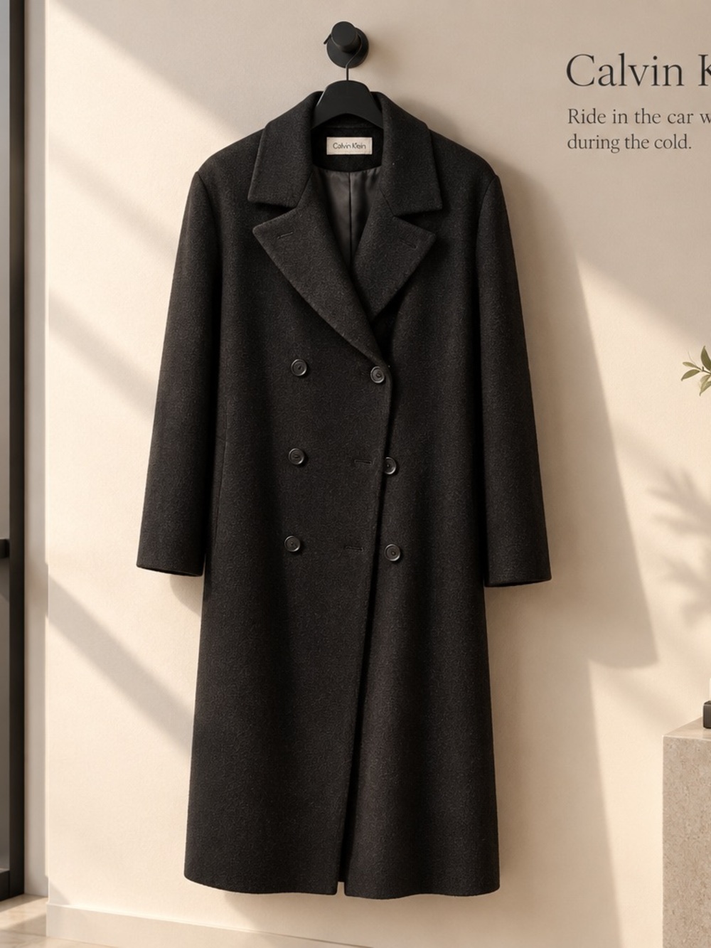 Calvin Klein Black Double-Breasted Wool-Blend Trench Coat